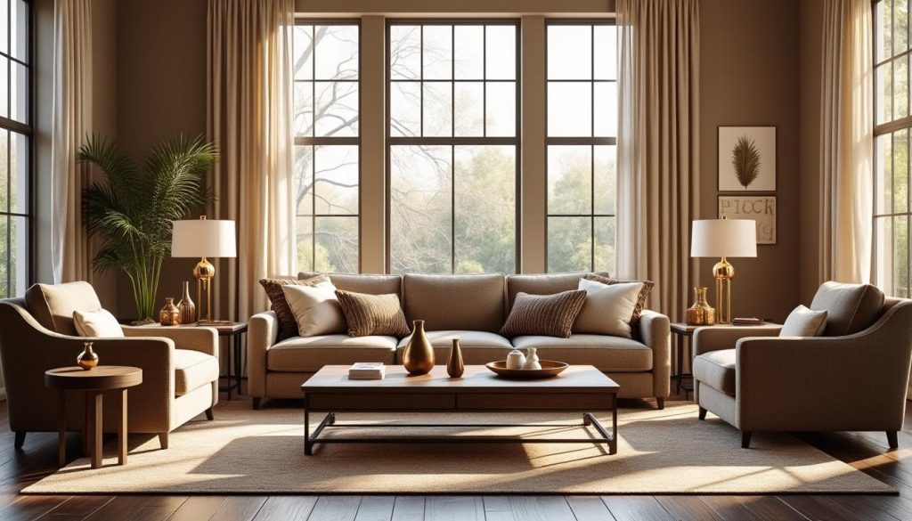 découvrez comment créer une ambiance chaleureuse et élégante dans votre salon avec des tons beige et marron chocolat, alliant confort et raffinement pour un intérieur cosy.