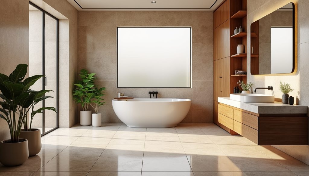 découvrez comment aménager une salle de bain élégante en combinant travertin naturel et bois chaleureux pour un espace à la fois chic et convivial.