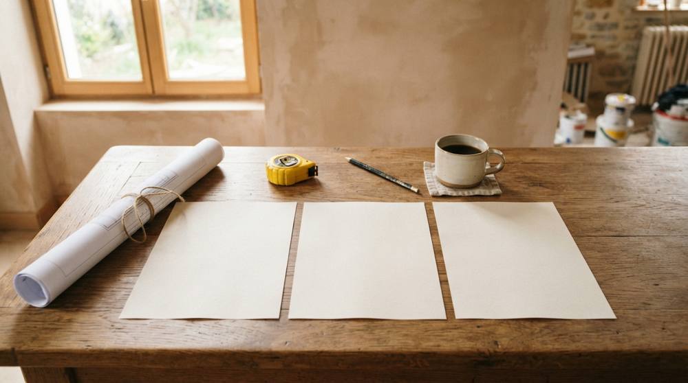 Trois devis de travaux posés côte à côte sur une table en chêne avec un plan roulé, un mètre ruban et une tasse de café, dans une maison en rénovation