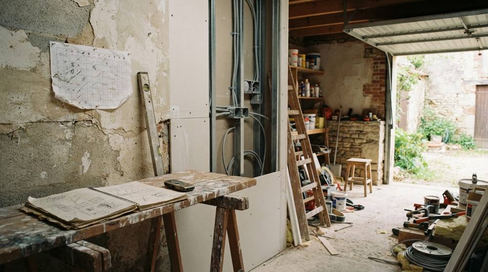Garage en cours de transformation en atelier avec cloison ouverte sur les gaines électriques, carnet de chantier sur un tréteau et planning punaisé au mur