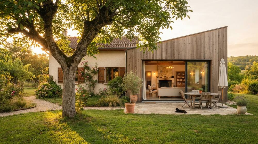 Maison des années 70 aux murs enduits prolongée côté jardin par une extension à toit monopente en bardage bois avec grande baie vitrée