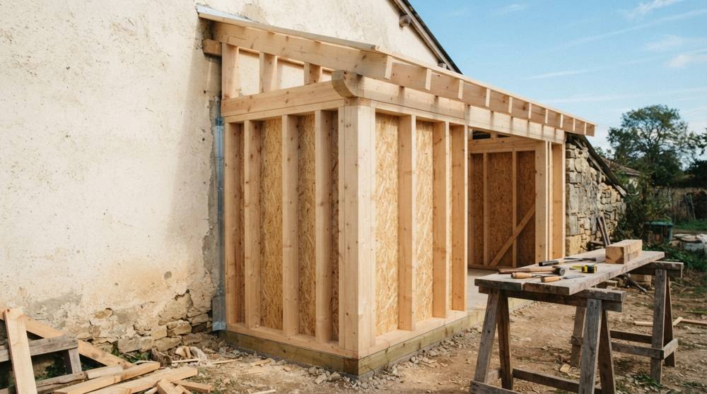 Ossature bois d'une extension en construction fixée contre le mur enduit de la maison existante, avec solives de toiture monopente et outils sur un tréteau