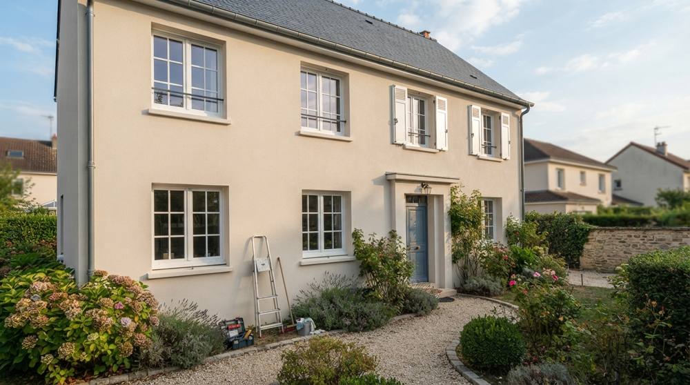 Maison individuelle en Île-de-France rénovée avec fenêtres PVC blanches neuves et gouttière aluminium