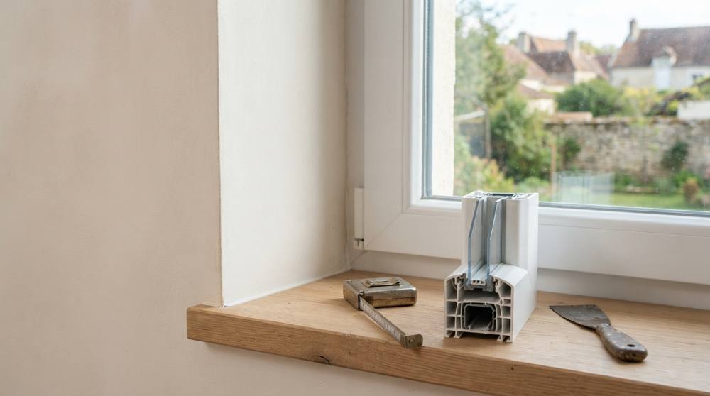 Coupe d'un profilé de fenêtre PVC multichambre posée sur l'appui d'une fenêtre neuve à arêtes droites