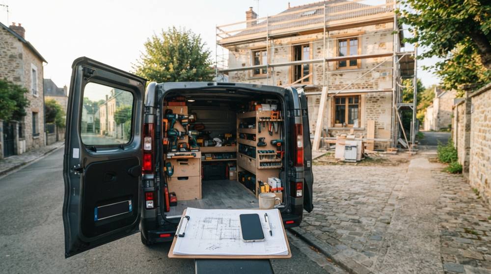Utilitaire d'artisan ouvert devant une maison en rénovation, outillage rangé et plan de chantier sur une écritoire
