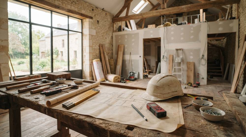 Plan d'architecte déroulé sur un établi de chantier avec mètre pliant, télémètre laser et casque dans un loft en rénovation